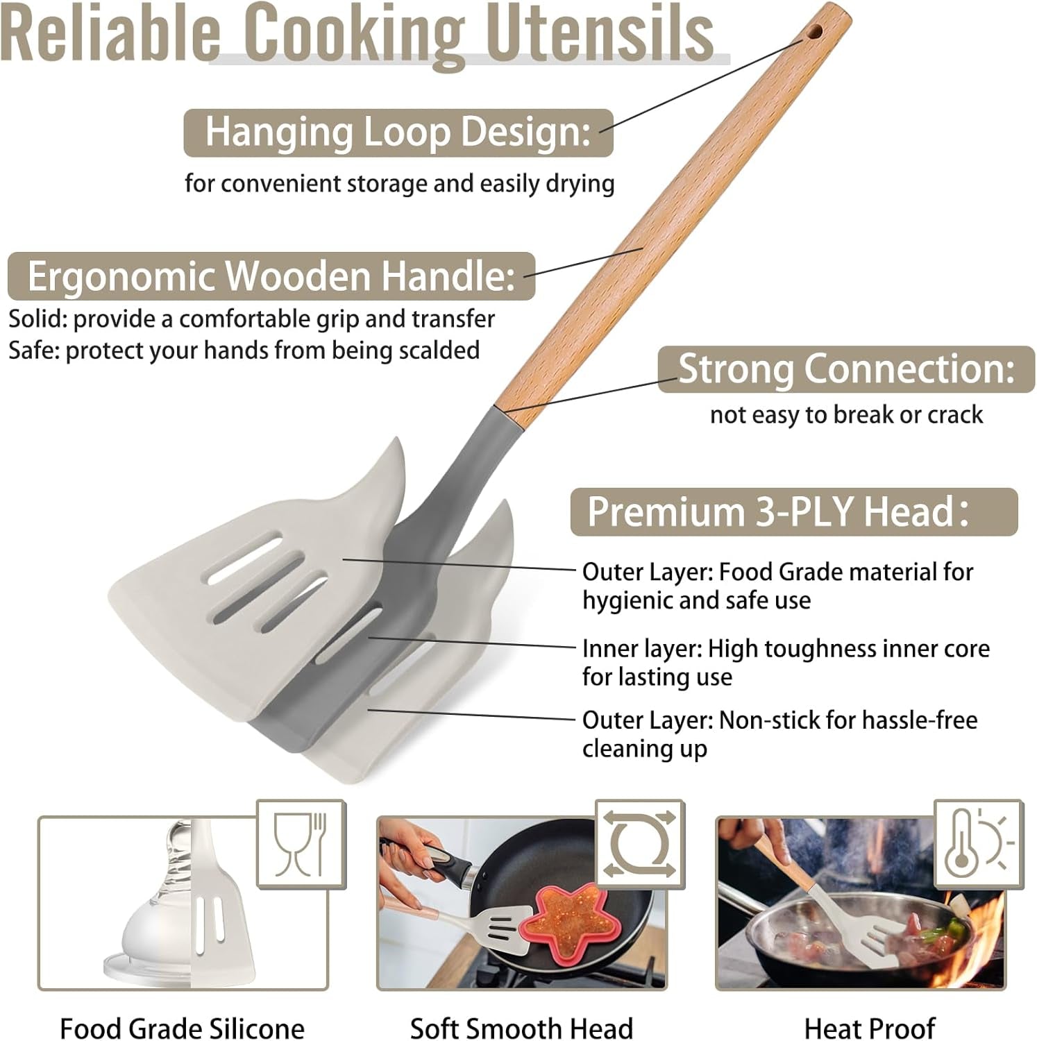 Silicone Cooking Utensils Set, 12PCS Kitchen Utensils Set with Wooden Handle for Nonstick Cookware, Ladle, Spoon, Spatula, Tong, Heat-Resistant & Non-Scratch, Non Smell & Healthy, Khaki