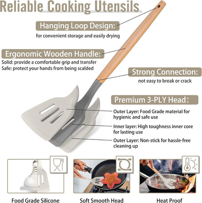 Silicone Cooking Utensils Set, 12PCS Kitchen Utensils Set with Wooden Handle for Nonstick Cookware, Ladle, Spoon, Spatula, Tong, Heat-Resistant & Non-Scratch, Non Smell & Healthy, Khaki