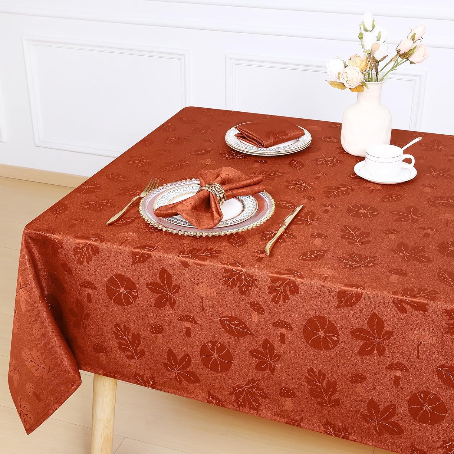 Rectangle Thanksgiving Tablecloth, Waterproof Jacquard Fall Table Cloth, Damask Cloth Table Cover for Harvest Decor (60" X 84", Rust Leaves Pattern)