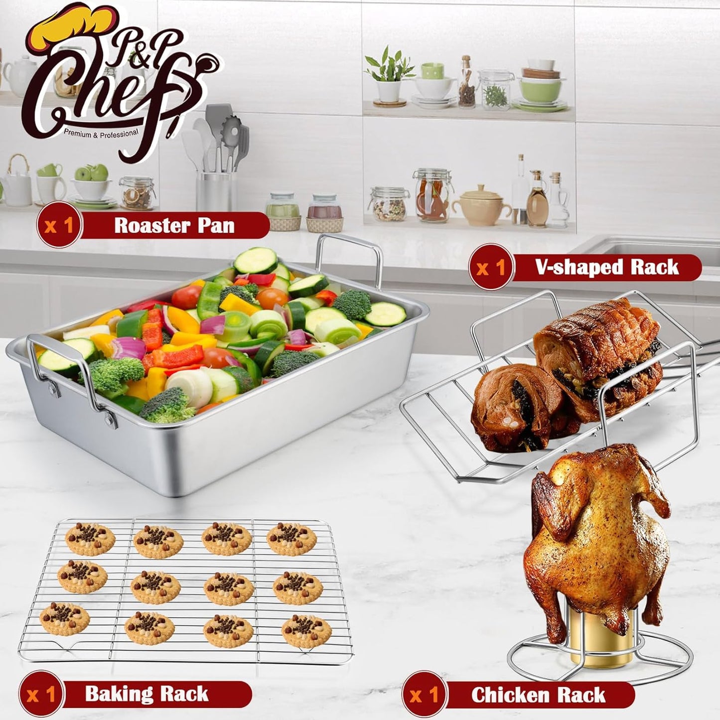 Roasting Pan Set (8 PCS), 14 Inch Stainless Steel Turkey Roaster Pan, Flat & V-Shaped Roasting Racks & Beer Can Chicken Holder, Meat Claws & Tenderizer, Brush, Healthy & Heavy Duty