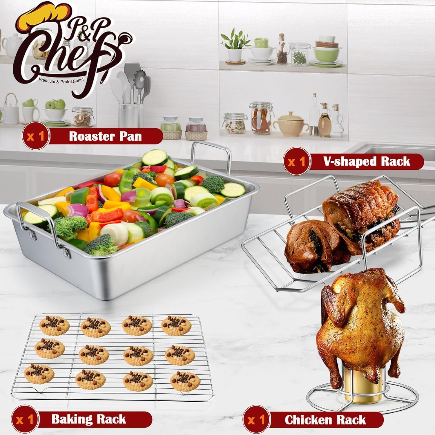 Roasting Pan Set (8 PCS), 14 Inch Stainless Steel Turkey Roaster Pan, Flat & V-Shaped Roasting Racks & Beer Can Chicken Holder, Meat Claws & Tenderizer, Brush, Healthy & Heavy Duty
