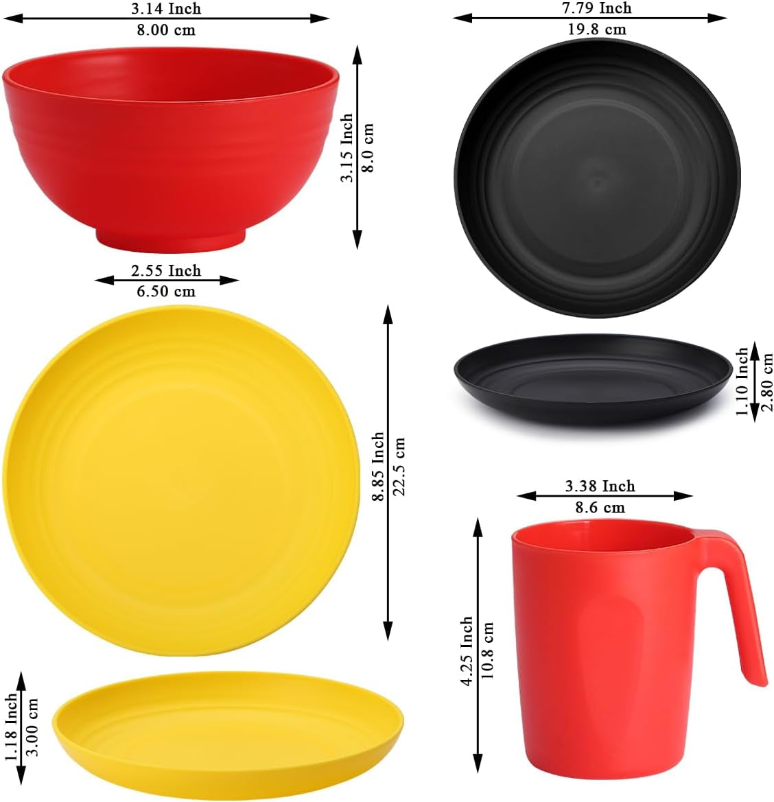 24-Piece Reusable Plastic Dinnerware Set for 6 - Includes Dinner Plates, Dessert Plates, Cereal Bowls, and Cups for Home, Garden, Picnic, and Camping