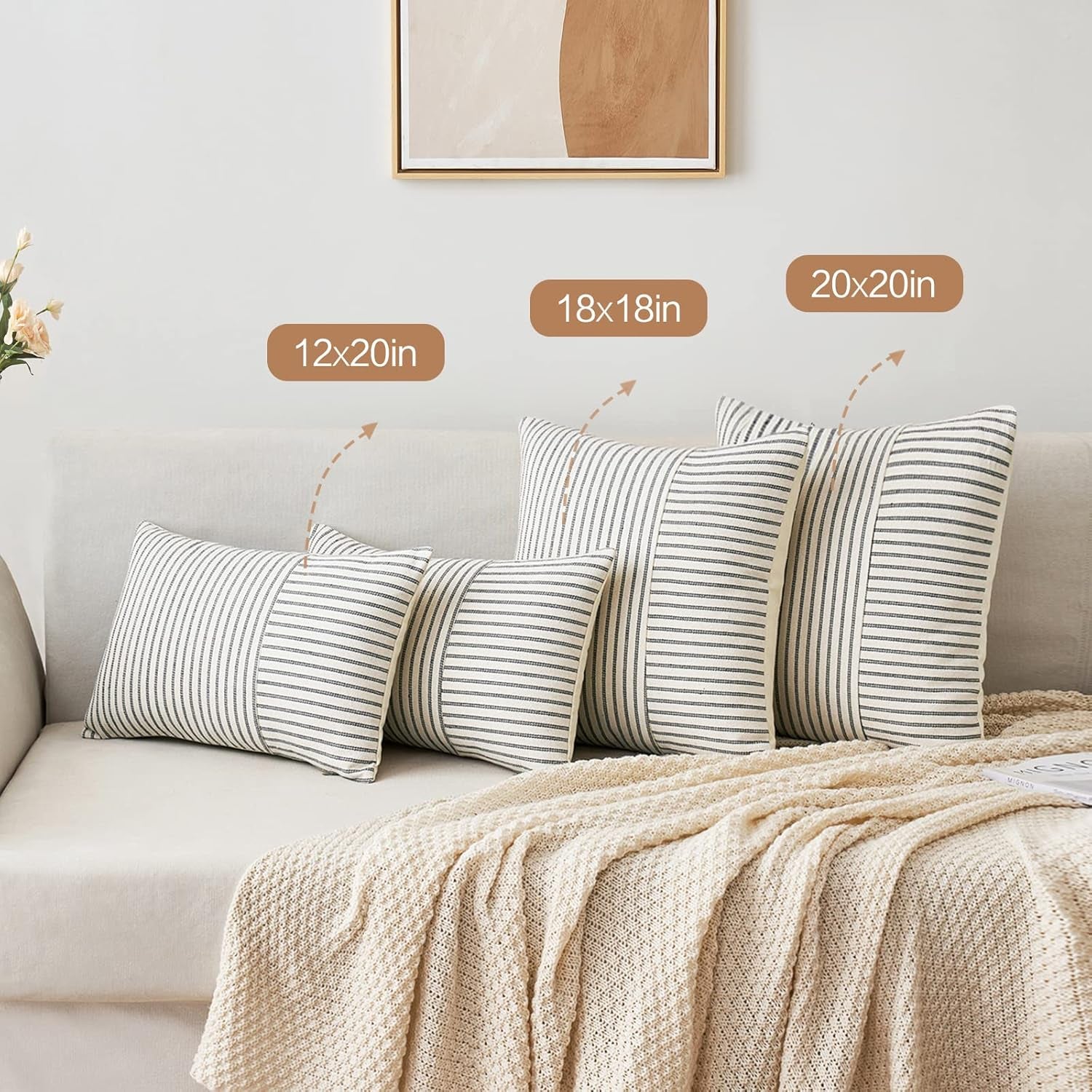 Grey and Beige Patchwork Farmhouse Pillow Covers 18X18 Inch, Pack of 2 Striped Linen Decorative Modern Accent Pillow Cases for Sofa Couch Bedroom