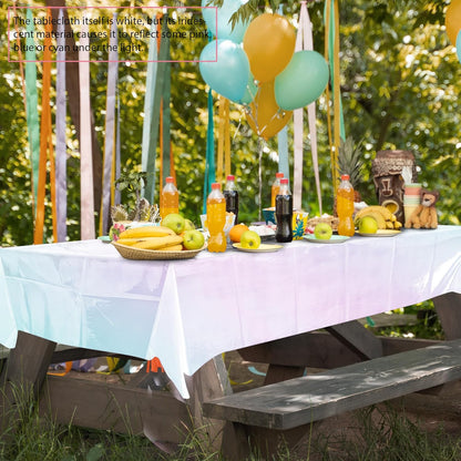 Set of 4 White Iridescent Disposable Tablecloths - 40 x 108 inches - Shiny Holographic Plastic Covers for Party, Wedding, and Banquet Decor