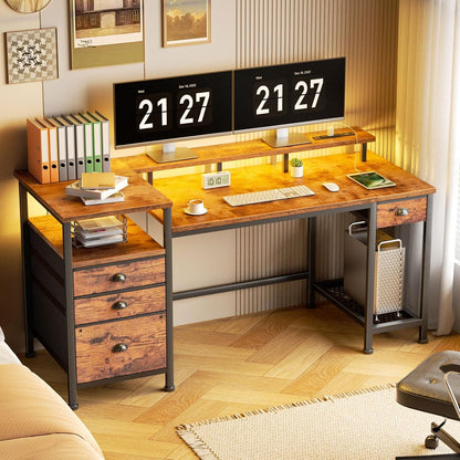 60" Computer Desk with 4 Drawers and Printer Space, Gaming Desk with LED Lights and USB Power Outlets, Office Desk with Fabric File Cabinet, Work Table with Shelf for Bedroom, Rustic Brown
