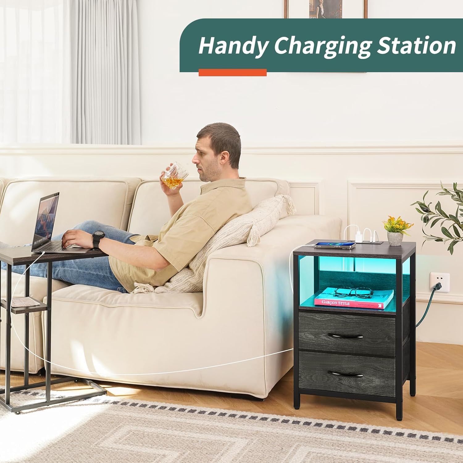 Nightstand with Charging Station, LED Night Stand with Fabric Drawers and Storage Shelf for Bedroom, Nightstands Bedside Tables with USB Ports & Outlets, Small Night Stands, Bed Side Table