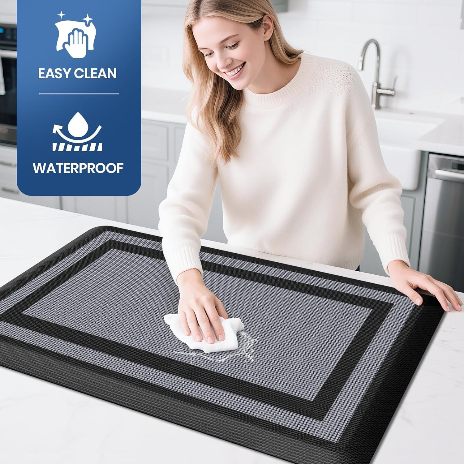 [2 PCS Kitchen Rugs Cushioned Anti-Fatigue Kitchen Mats for Floor Waterproof Kitchen Rug Set Non-Slip Comfort Standing Mat for Office, Sink, Laundry 17.3"×29"+17.3"×47",Black