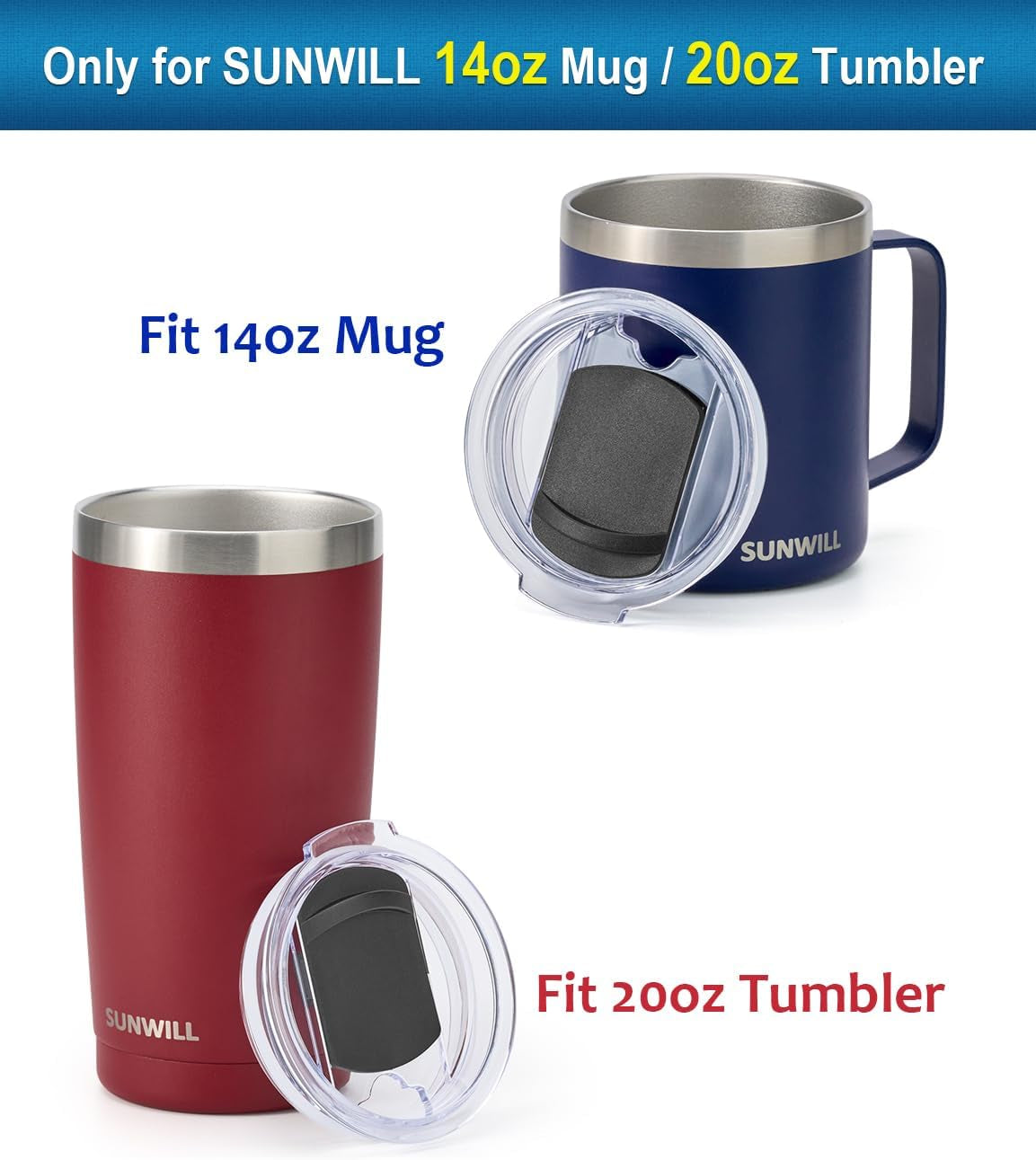 Lid for  14Oz Mugs and 20Oz Tumblers Only, Spill and Splash Resistant Sliding Covers Replacement 2 Pack Black, Straw Friendly, BPA Free