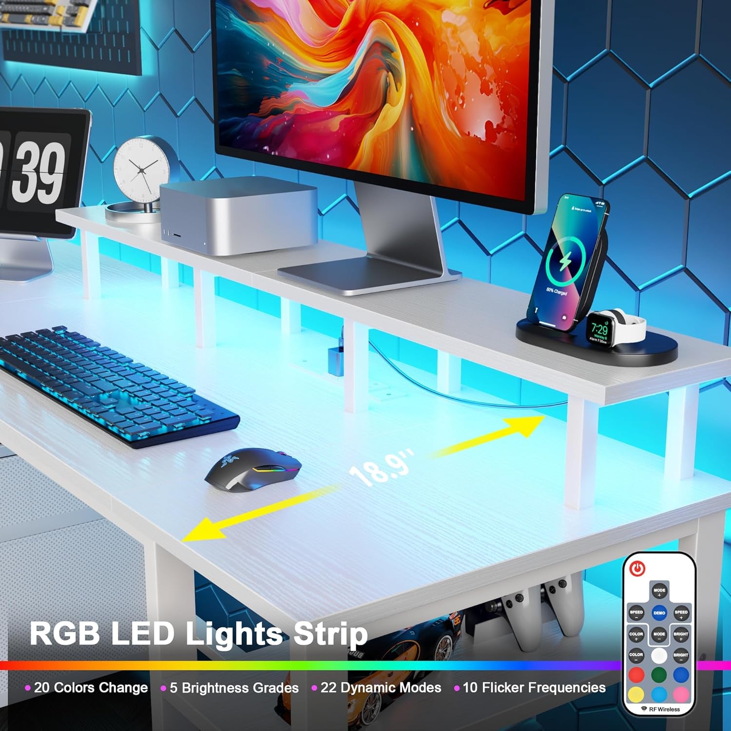 61" Computer Desk with Power Outlet and LED Lights, Reversible Gaming Desk with File Cabinet & Monitor Stand for Home Office, Large Work Table with Storage Shelves & Drawer, White