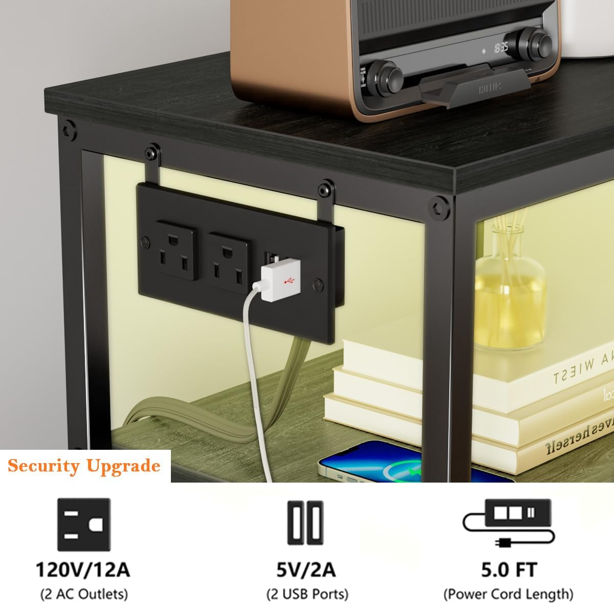 Elegant Black Oak Dresser and Nightstand with Charging Station, LED Lighting, and Fabric Bins - 5-Drawer Vertical Chest and Bedside Table for Bedroom and Entryway