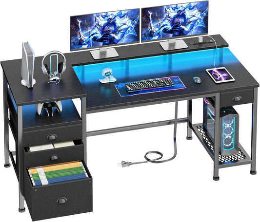 60" Black Computer Desk with 4 Drawers and Printer Space, Gaming Desk with LED Lights and USB Power Outlets, Home Office Desk with Fabric File Cabinet,Study Work Table with Shelf for Bedroom