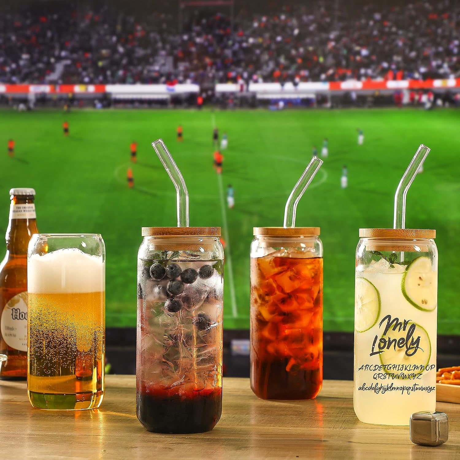 20 OZ Glass Cups with Bamboo Lids and Glass Straw - Beer Shaped Drinking Glasses Set, Iced Coffee Glasses, Cute Tumbler Cup, Aesthetic Coffee Bar Accessories, Gift - 2 Pack