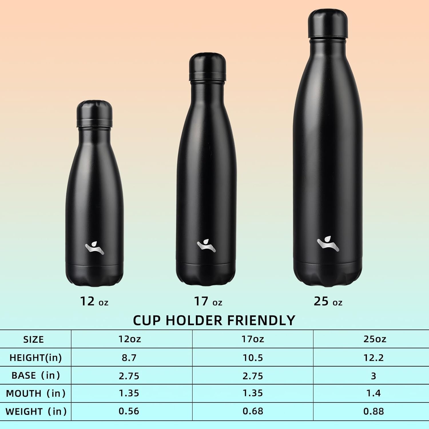 Insulated Water Bottles,12 Oz Double Wall Stainless Steel Vacumm Metal Flask for Sports Travel,Midnight Black