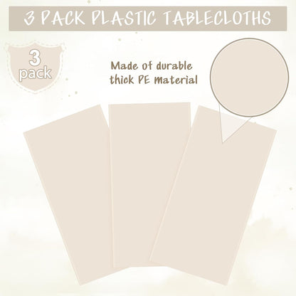 3Pcs Beige Tablecloths for Rectangle Tables,Disposable Plastic Ivory Table Cloth,Waterproof Cream Table Cover for Birthdays Weddings Anniversary Party Decorations,54 X 108 Inch