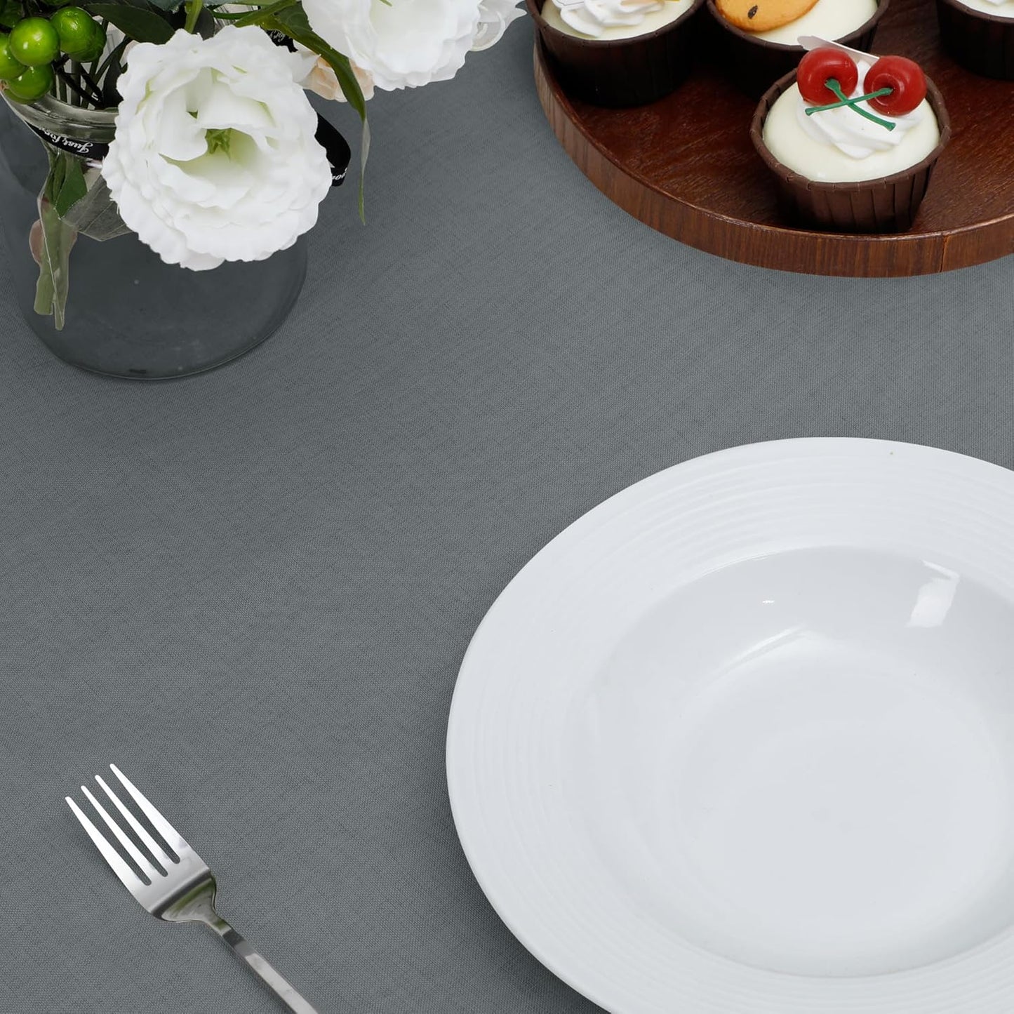 Faux Linen Waterproof Spill-Proof Tablecloth Stain Resistant round Table Cloth Wrinkle Free Decorative Fabric for Kitchen, Dining, Party, Weddings, Restaurants (70 In-Round, Dark Grey)