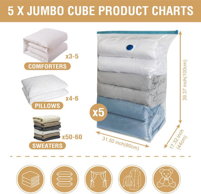 5 Pack Cube Vacuum Storage Bags, Jumbo Cubes for Sealed, Extra Large Space Saver Bags Bedding, Clothes, Comforters, Blanket, Duvets (Cube Sized), Transparent