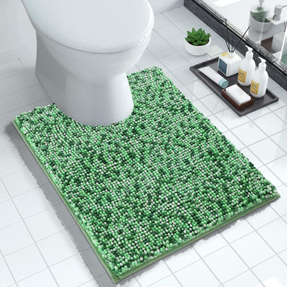 Luxury Chenille U-Shaped Toilet Rug, Super Soft Shaggy Contour Bath Mat for Bathroom Floor, Fluffy, Water Absorbent, Non Slip, Machine Washable, Dry Quickly, 24''X 20'', Light Green & Green