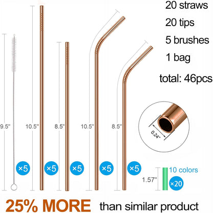 20 Pcs Rose Gold Reusable Stainless Steel Straws,10.5" & 8.5" Reusable Drinking Straws with 20 Silicone Tips 5 Straw Brushes 1 Travel Case,Eco Friendly Extra Long Metal Straw for 20 24 30 Oz Tumbler