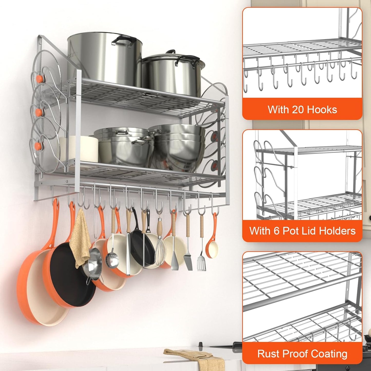 28 Inch Pot Rack Wall Mounted, 2 Tier Pots and Pans Organizer with 20 Hooks and 6 Pot Lid Holders, Heavy Duty Steel Pot and Pan Hanger for Kitchen Cookware Utensils Storage, Silver