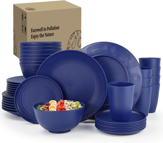 Wheat Straw Dinnerware Set for 8 - 40 Pieces Including Dinner Plates, Cups, and Pasta Bowls - Microwave Safe - Blue