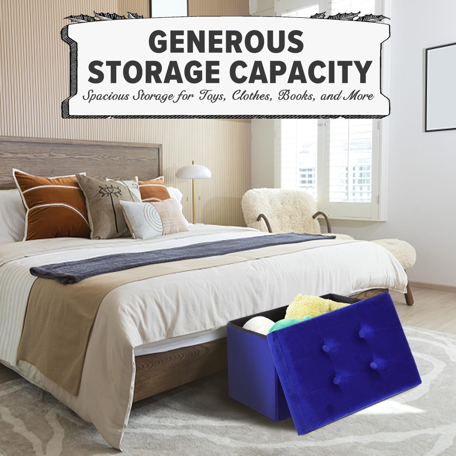 Navy Small Velvet Rectangle Ottoman with Storage - Button-Tufted Folding Foot Rest for Desk or Room Use (16"x12"x12")