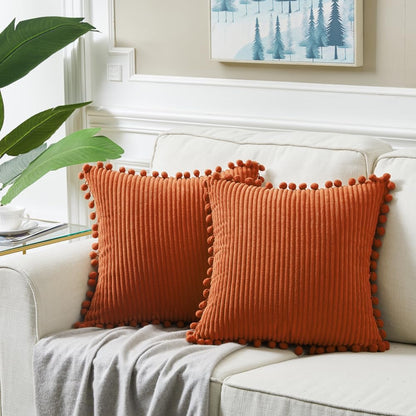 Pack of 2 Burnt Orange Decorative Throw Pillow Covers 18X18 Inch with Pom-Poms for Couch Bed Living Room Bedroom, Soft Corduroy Solid Square Cushion Case 45X45 Cm, Boho Fall Home Decor