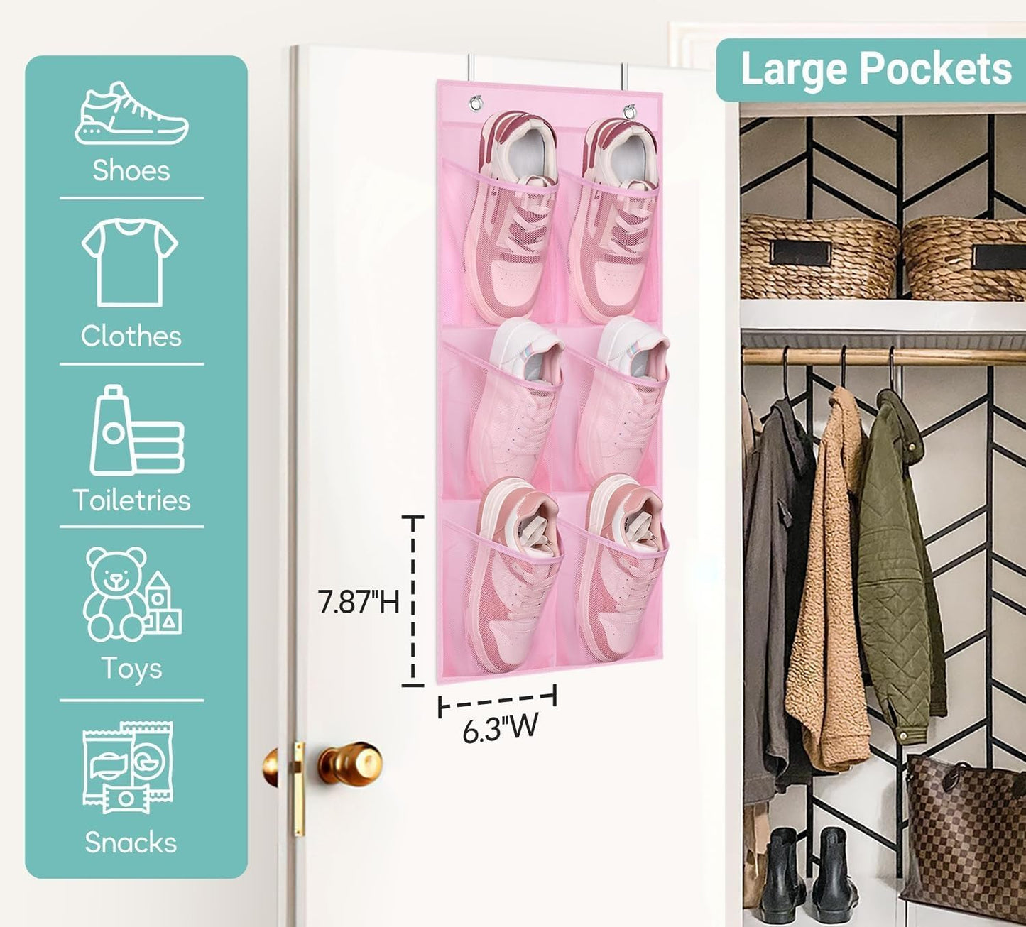 2 Packs Narrow Kids over the Door/Wall Shoe Organizer Small Baby Hanging Shoe Rack for Closet with Clear Mesh Pocket Shoe Storage for Toddler Girl Bedroom, Bathroom, RV, Pantry, Camping (Pink)