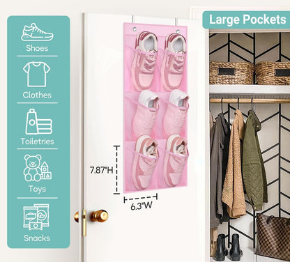 2 Packs Narrow Kids over the Door/Wall Shoe Organizer Small Baby Hanging Shoe Rack for Closet with Clear Mesh Pocket Shoe Storage for Toddler Girl Bedroom, Bathroom, RV, Pantry, Camping (Pink)