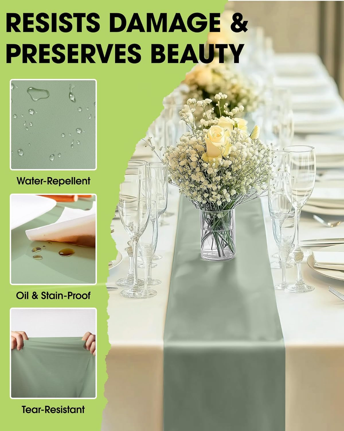Sage Green Plastic Table Runners - 10 Pack, 14'' X 108'', Water Resistant & Disposable Centerpiece Decorations for Table Cloth, Wedding, Birthday, Holiday, Baby Shower, Party, Home Decor