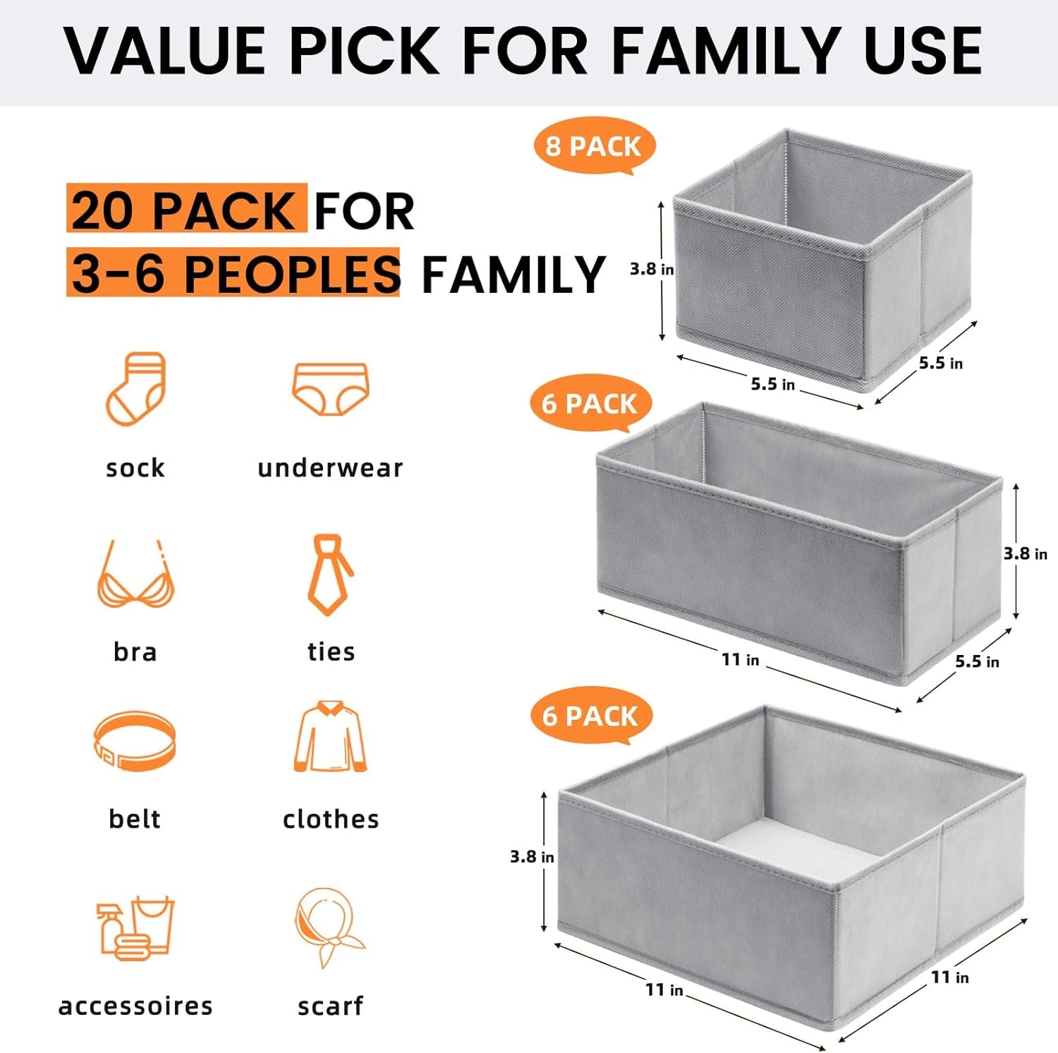 20 Pack Drawer Organizer Bins - Grey Fabric Closet Organization and Storage Dividers for Baby Clothes, Adult Socks, Underwear, Bra, Etc.