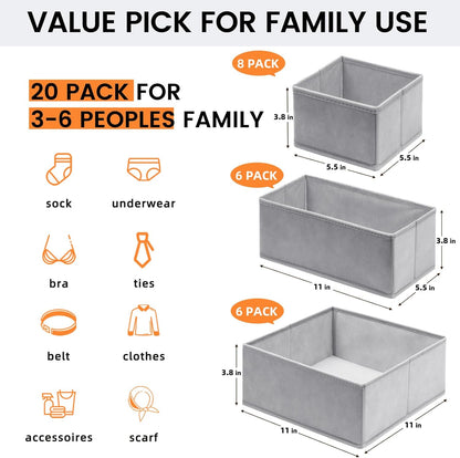 20 Pack Drawer Organizer Bins - Grey Fabric Closet Organization and Storage Dividers for Baby Clothes, Adult Socks, Underwear, Bra, Etc.