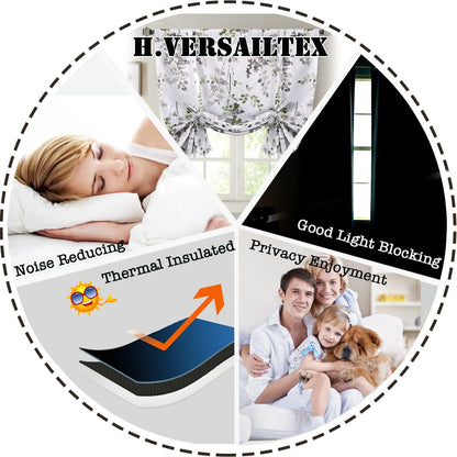 Blackout Tie up Curtain - Thermal Insulated Balloon for Small Window, Adjustable Kitchen Rod Pocket Panel (42" W X 45" L, Floral Pattern in Grey and Sage)