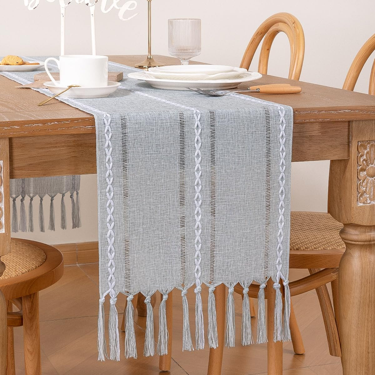 Farmhouse Table Runner 60 Inches - Macrame Woven Cotton Rustic Fall Thanksgiving Runner with Tassels for Boho Home Decor Living Dining Room - 13X60 Inches Silver