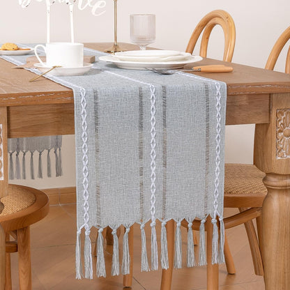 Farmhouse Table Runner 60 Inches - Macrame Woven Cotton Rustic Fall Thanksgiving Runner with Tassels for Boho Home Decor Living Dining Room - 13X60 Inches Silver
