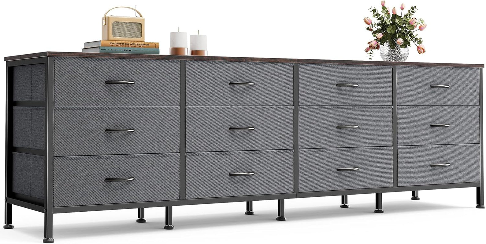 70-Inch Dark Grey Dresser and TV Stand for 65-80 Inch TVs, 12-Drawer Storage Organizer Unit for Bedroom and Living Room