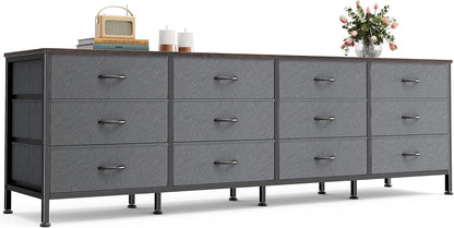 70-Inch Dark Grey Dresser and TV Stand for 65-80 Inch TVs, 12-Drawer Storage Organizer Unit for Bedroom and Living Room