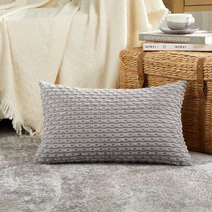 Set of 2 Boho Grey Lumbar Decorative Throw Pillow Covers 12X20 Inch for Couch Bed Chair, Neutral Farmhouse Home Decor, Soft Fluffy Corduroy Rectangle Aesthetic Cushion Case 30X50 Cm