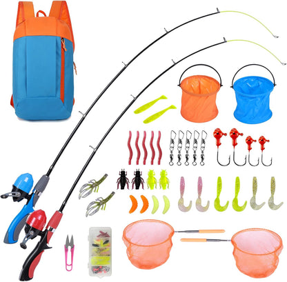 Kids Fishing Pole Kit 2 Pack, Portable Telescopic Kids Fishing Rod with Tackle Box, 2 Fishing Net and 2 Bucket for Beginners, Boys,Girls,Youth