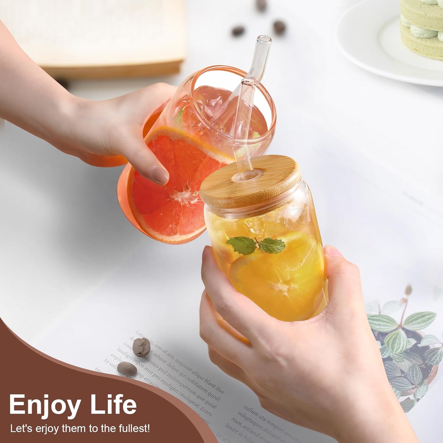 Iced Coffee Cups with Lids 2 Pcs,16 Oz Glass Cups with Lids and Straws as Coffee Bar Accessories,Beer Drinking Glasses,Reusable Glass Tumbler,Cute Coffee Cups for Coffee, Juice, Gifts