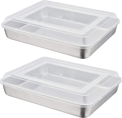 Stainless Steel Baking Pan with Lid, Rectangular Cake Pans, Sheet Pan Bakeware for Baking Lasagna Brownies, 2-Inch Deep Side & Heavy Duty, Easy to Store & Clean (12.3", 4Pcs)
