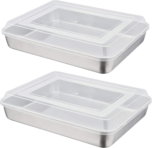 Stainless Steel Baking Pan with Lid, Rectangular Cake Pans, Sheet Pan Bakeware for Baking Lasagna Brownies, 2-Inch Deep Side & Heavy Duty, Easy to Store & Clean (12.3", 4Pcs)