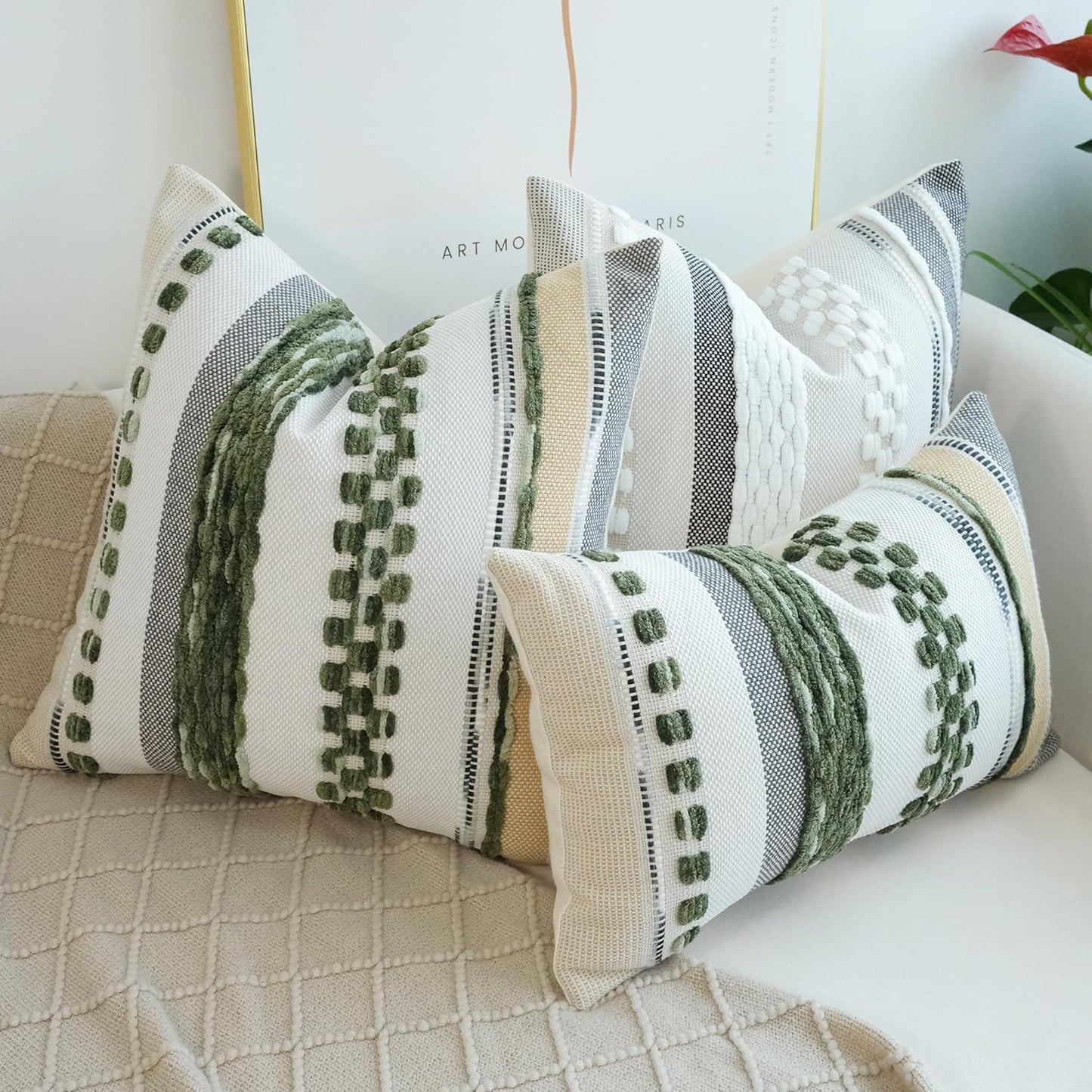 Pack of 2 Boho Throw Pillow Covers Accent Striped Pillowcovers Farmhouse Decorative Cushion Case Home Decor 18 X 18 Inch Dark Green