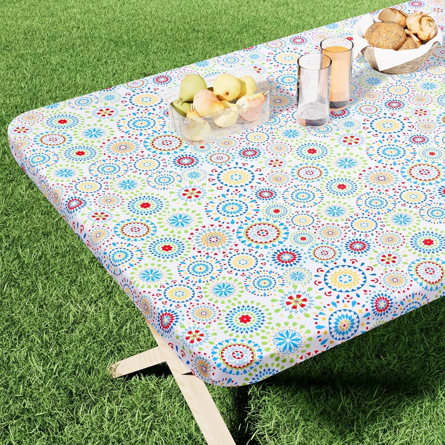 Rectangle Printed Fabric Tablecloth, Elastic Fitted Table Cloth for 6 Foot Table, Washable Polyester Table Cover for Outdoor, Picnic, Camping and Indoor, (Geometric Medallion, 30" X 72")