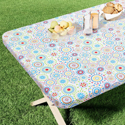Rectangle Printed Fabric Tablecloth, Elastic Fitted Table Cloth for 6 Foot Table, Washable Polyester Table Cover for Outdoor, Picnic, Camping and Indoor, (Geometric Medallion, 30" X 72")