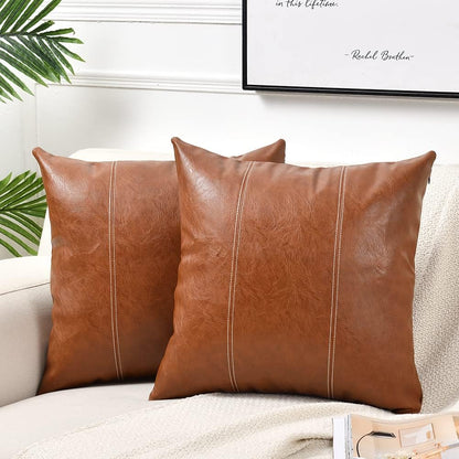 2 Packs Boho Brown Waterproof Faux Leather Decorative Throw Pillow Covers 18X18 Inch for Outdoor Couch Bed Sofa, Hand Stitched Accent Square Cushion Case, Rustic Modern Farmhouse Home Decor