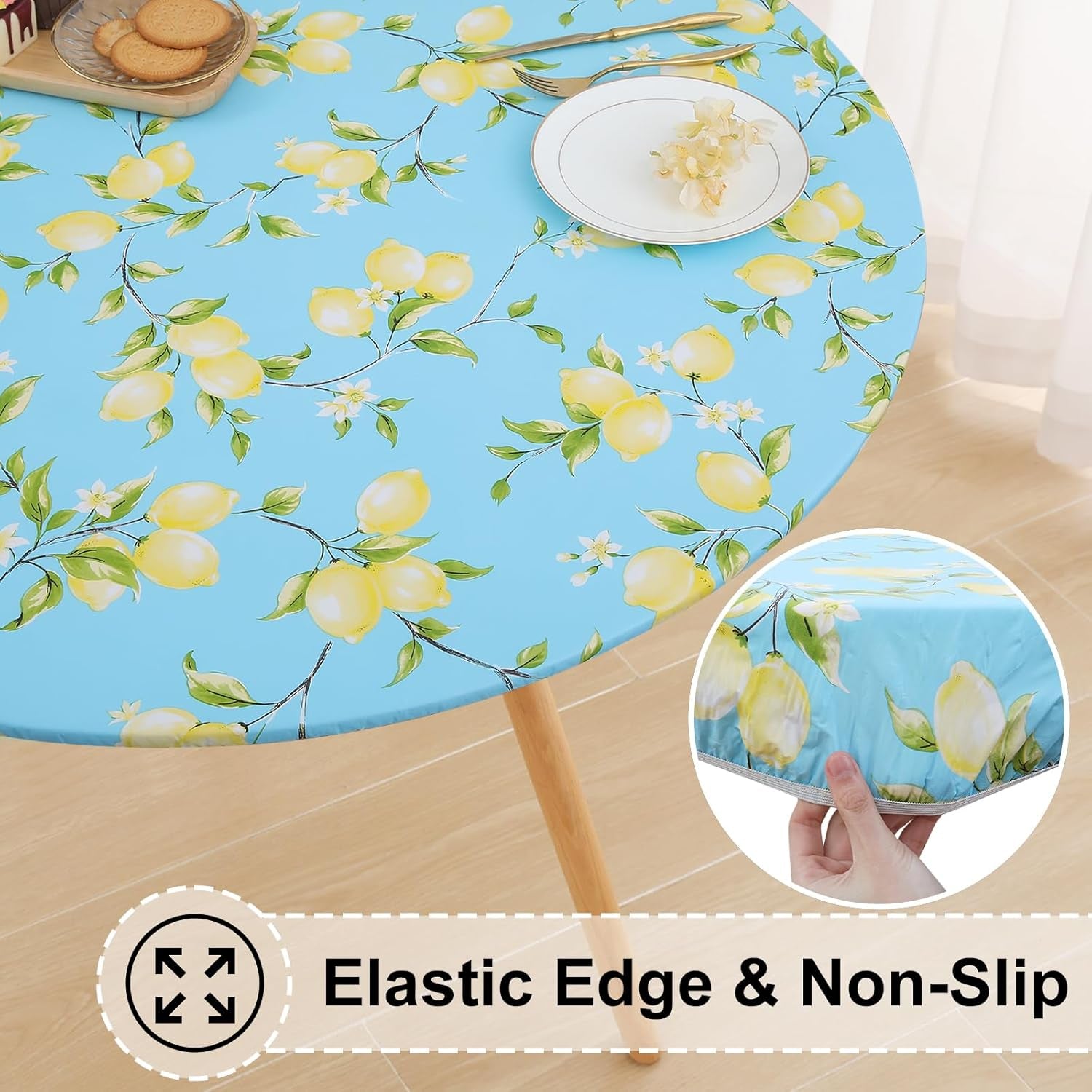 round Fitted Tablecloth with Elastic Edge, 100% Waterproof Oil Proof Plastic Table Cover, Vinyl Flannel Backed Tablecloth Fits 36"-44" round Tables for Dinner, Outdoor, Picnic, Lemon