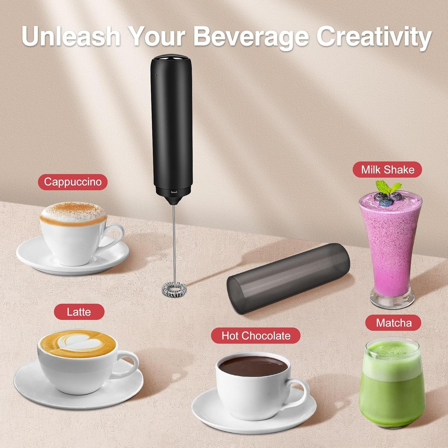 Milk Frother Handheld Rechargeable, Frother Wand with Storage Cover, Drink Mixer and Foamer for Coffee, Electric Whisk for Latte, Cappuccino, Matcha, Hot Chocolate, Protein Powder