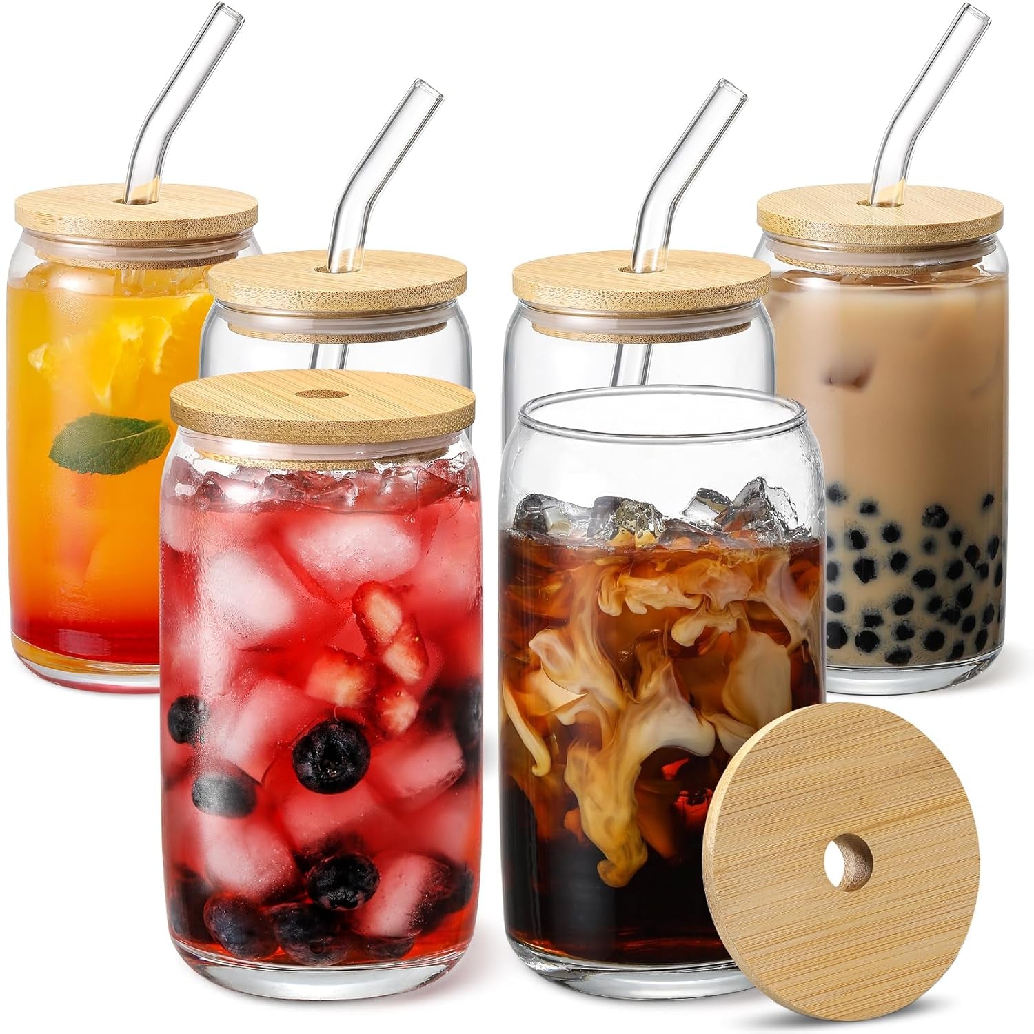 [ 6Pcs Set ] Glass Cups with Bamboo Lids and Glass Straw - Beer Shaped Drinking Glasses, 16 Oz Iced Coffee Glasses, Cute Tumbler Cup for Smoothie, Boba Tea, Whiskey, Water - 2 Cleaning Brushes