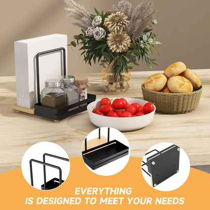 Napkin Holder, Wood Metal Napkin Holder for Table with Salt and Pepper Shakers Caddy, Standing Paper Napkin Dispenser for Kitchen Dining Countertop Decor, Wood & Metal Base, Black