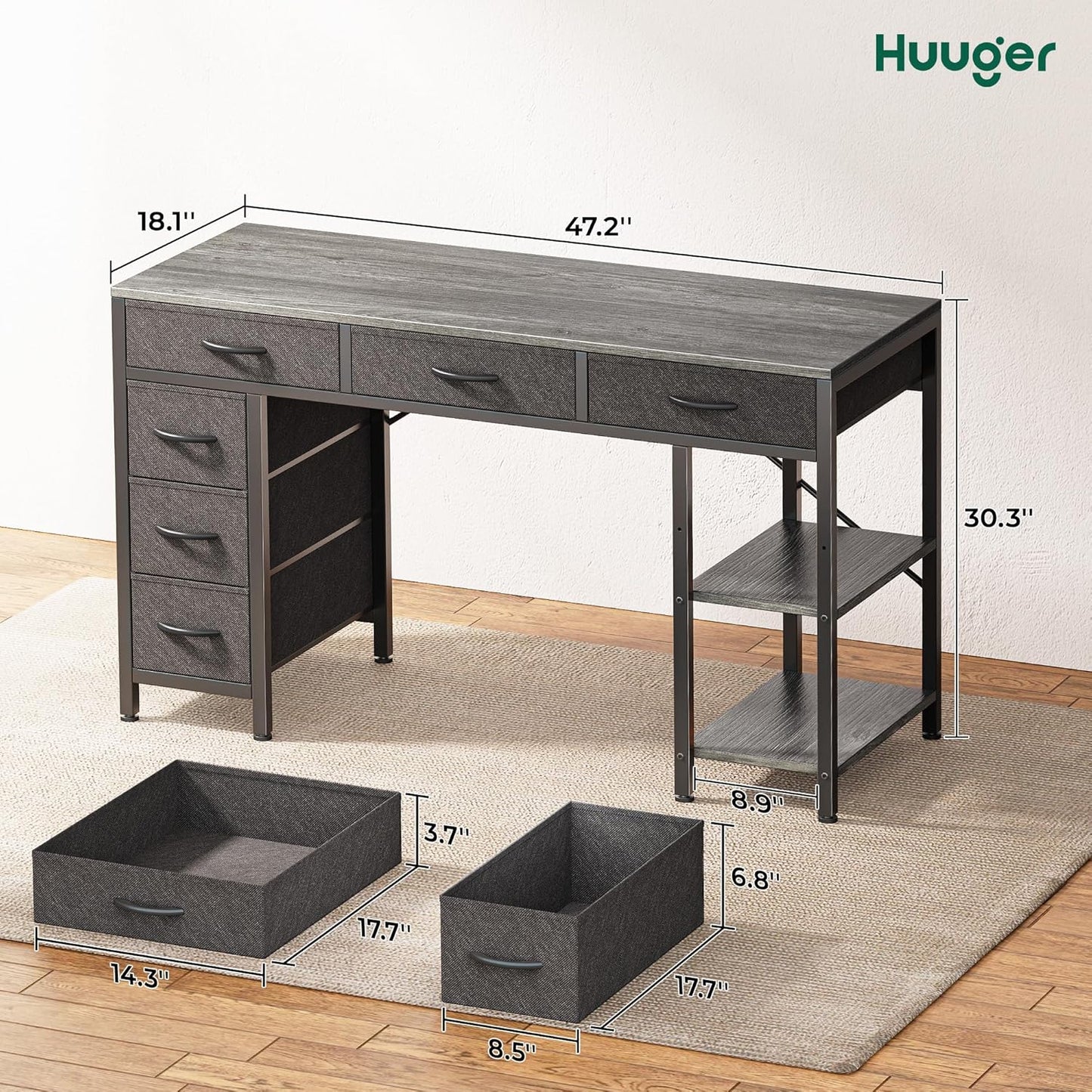 47-Inch Computer Desk with 6 Drawers and Shelves, Reversible Gaming and Corner Desk with Storage for Home Office and Living Room, Gray